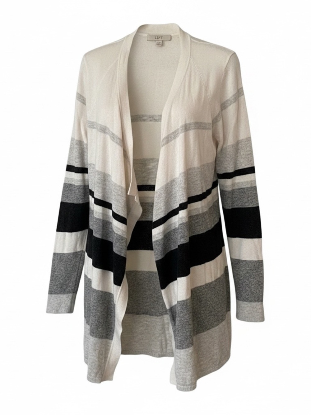 LOFT Striped Open Front Cardigan Gray Black Cream Size Medium